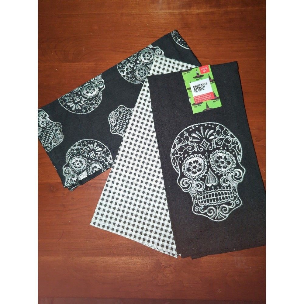 Sugar skull day of the Dead embroidered kitchen towel set of three
